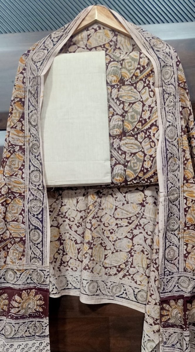 Handmade Pure Cotton Kalamkari Salwar Suits with Plain South Cotton Dupatta - Leheriya