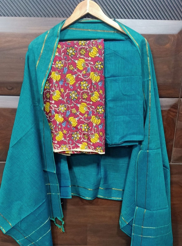 Handmade Pure Cotton Kalamkari Salwar Suits with Plain South Cotton Dupatta - Leheriya