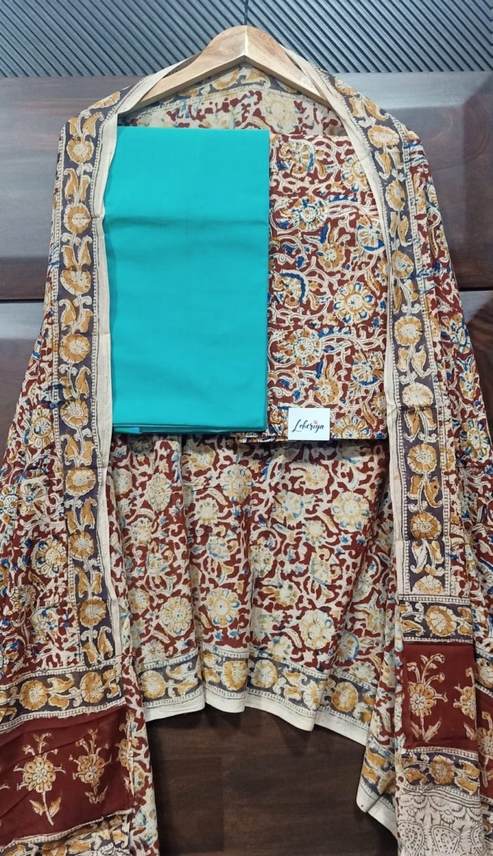 Handmade Pure Cotton Kalamkari Salwar Suits with Plain South Cotton Dupatta - Leheriya