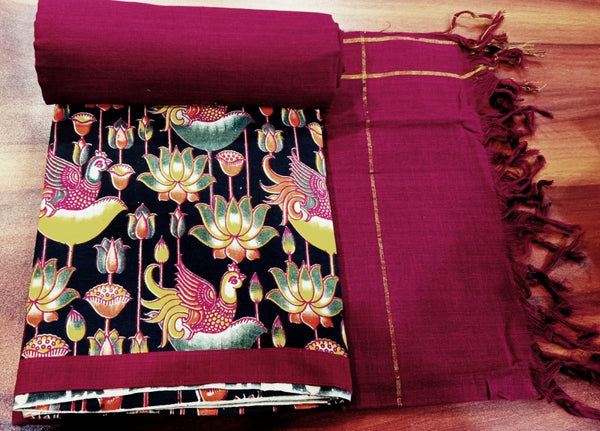 Handmade Pure Cotton Kalamkari Salwar Suits with Plain South Cotton Dupatta - Leheriya