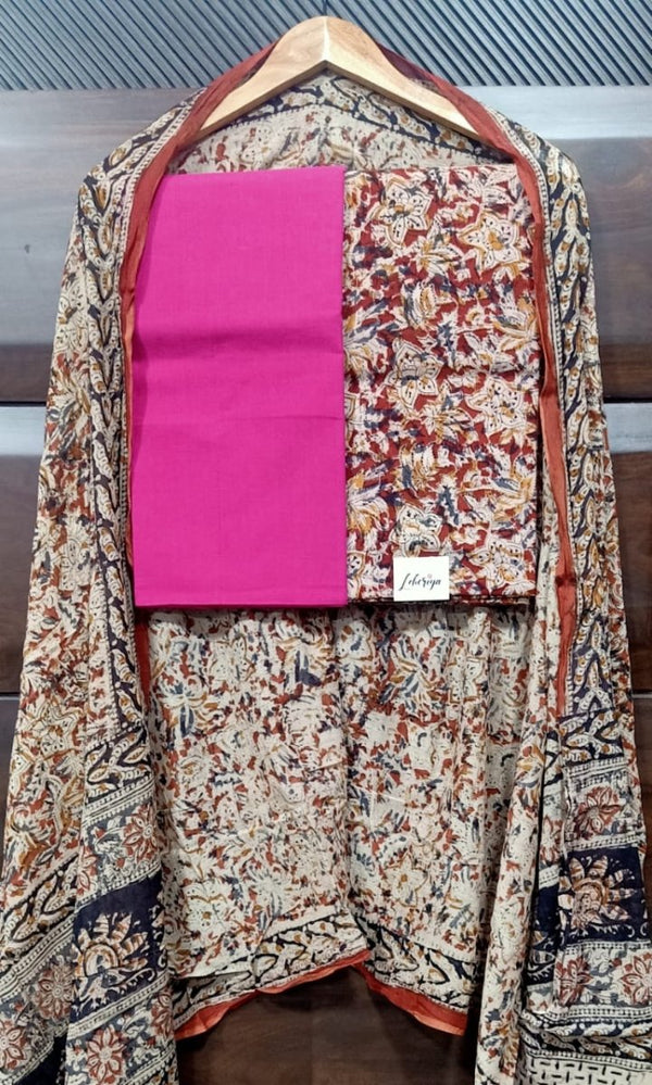 Handmade Pure Cotton Kalamkari Salwar Suits with Plain South Cotton Dupatta - Leheriya