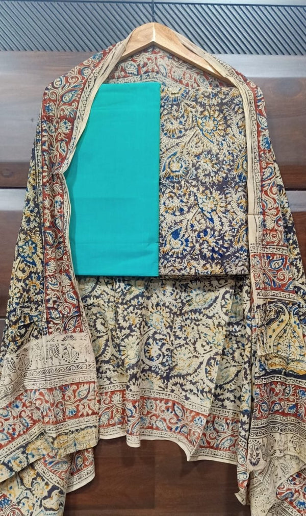 Handmade Pure Cotton Kalamkari Salwar Suits with Plain South Cotton Dupatta - Leheriya