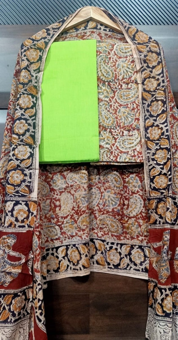 Handmade Pure Cotton Kalamkari Salwar Suits with Plain South Cotton Dupatta - Leheriya