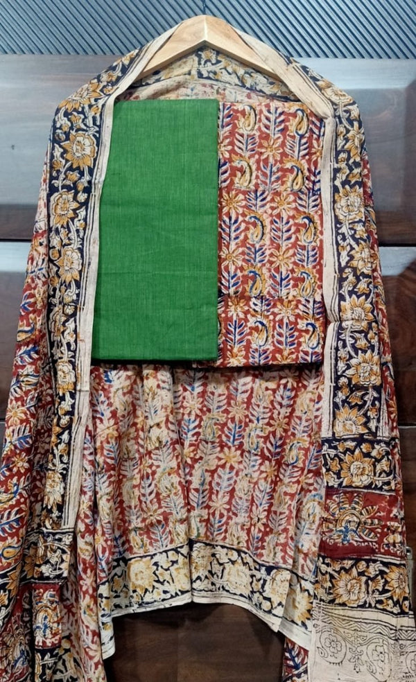 Handmade Pure Cotton Kalamkari Salwar Suits with Plain South Cotton Dupatta - Leheriya