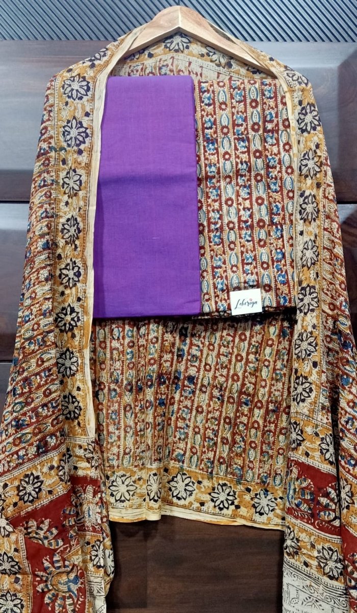 Handmade Pure Cotton Kalamkari Salwar Suits with Plain South Cotton Dupatta - Leheriya