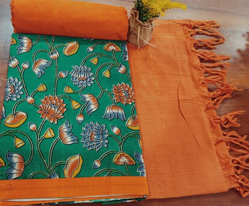 Handmade Pure Cotton Kalamkari Salwar Suits with Plain South Cotton Dupatta - Leheriya