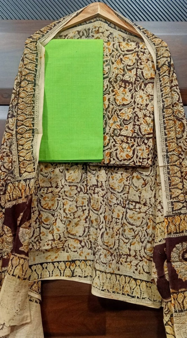 Handmade Pure Cotton Kalamkari Salwar Suits with Plain South Cotton Dupatta - Leheriya