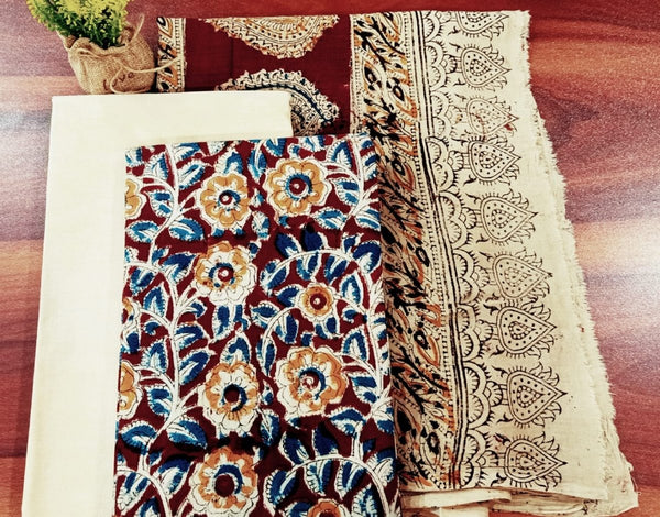 Handmade Pure Cotton Kalamkari Salwar Suits with South Cotton Dupatta - Leheriya