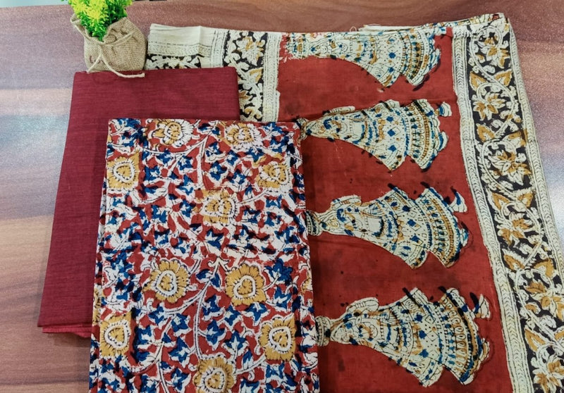 Handmade Pure Cotton Kalamkari Salwar Suits with South Cotton Dupatta - Leheriya