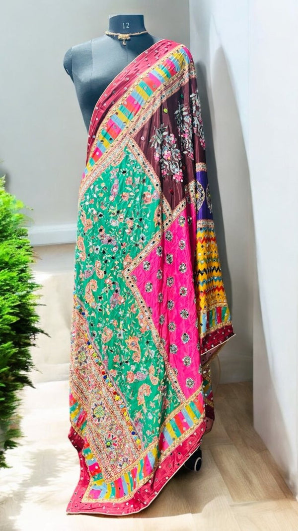 Heavy Chinon Pakistani Dupatta with Golden Border and Mirror and Kaudi Shell Work - Design 1 - Leheriya