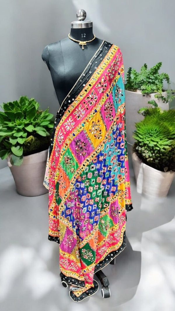 Heavy Chinon Pakistani Dupatta with Golden Border and Real Mirror Work - Design 10 - Leheriya