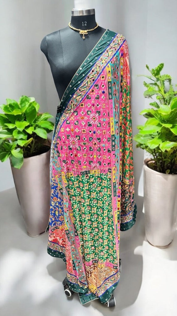 Heavy Chinon Pakistani Dupatta with Golden Border and Real Mirror Work - Design 11 - Leheriya