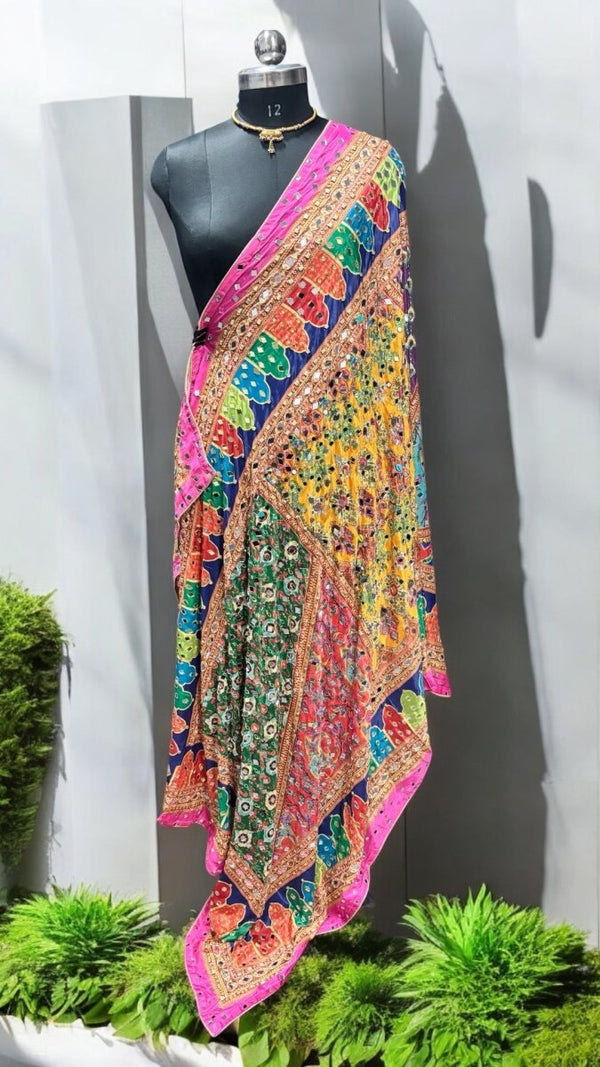 Heavy Chinon Pakistani Dupatta with Golden Border and Real Mirror Work - Design 8 - Leheriya