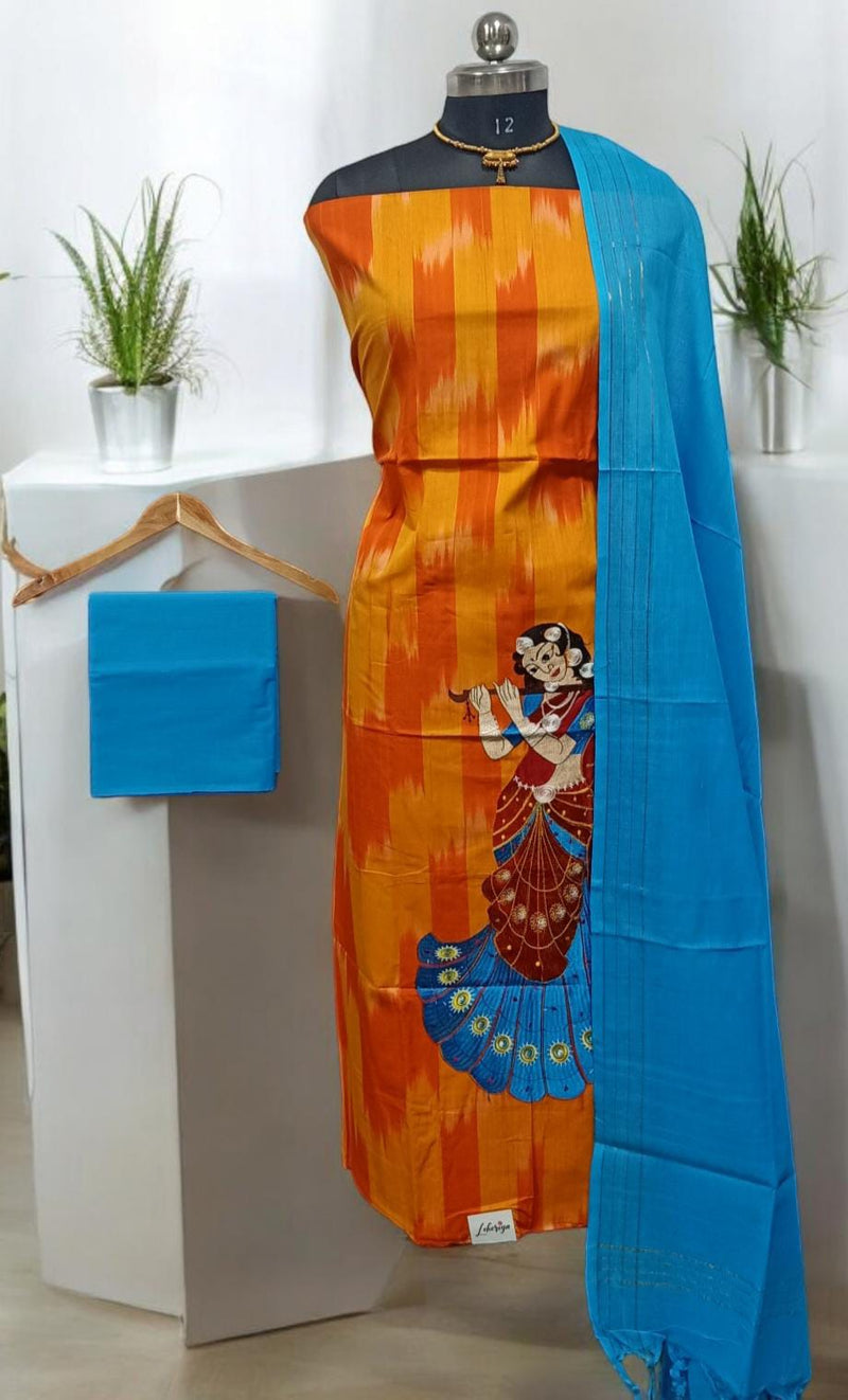 Ikat Weave Pure Cotton Suit with Plain Cotton Bottom and Dupatta - Leheriya