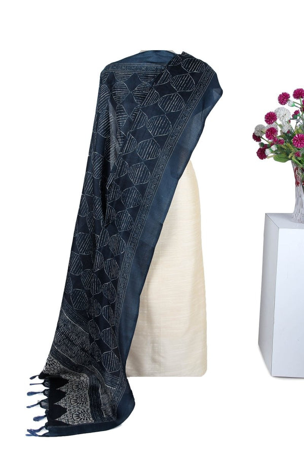 Indigo Dyed Silk Blend Dupatta - Leheriya