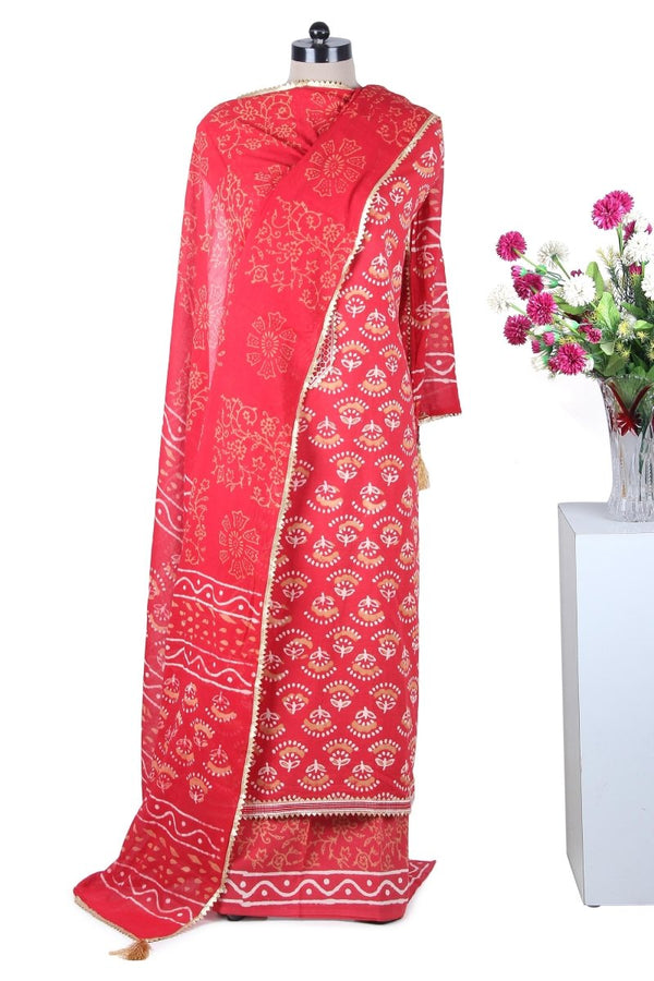 Jaipuri Red Hand Block Printed Suit with Tassels on Dupatta - Leheriya