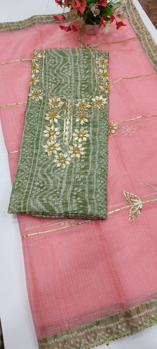 Kota Doria Bandhej Salwar Suit with Kacha Gota Work - Leheriya