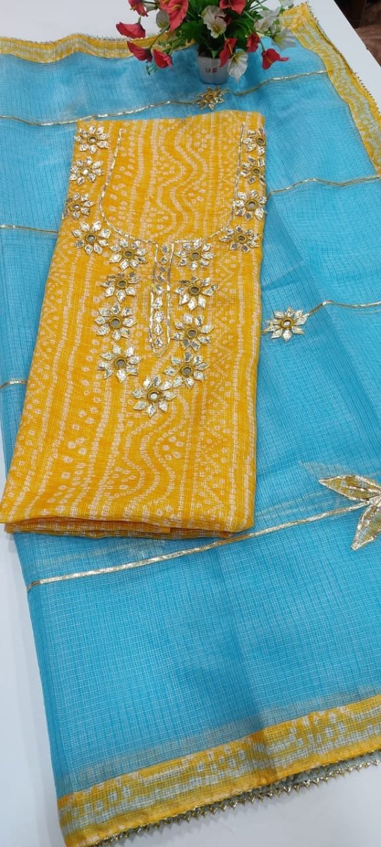 Kota Doria Bandhej Salwar Suit with Kacha Gota Work - Leheriya