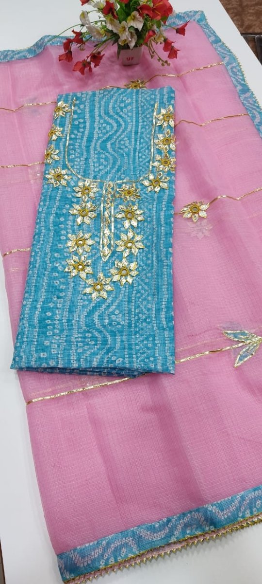 Kota Doria Bandhej Salwar Suit with Kacha Gota Work - Leheriya