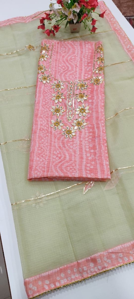 Kota Doria Bandhej Salwar Suit with Kacha Gota Work - Leheriya