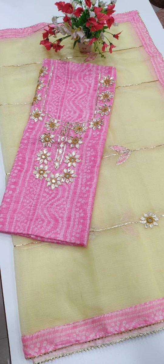 Kota Doria Bandhej Salwar Suit with Kacha Gota Work - Leheriya