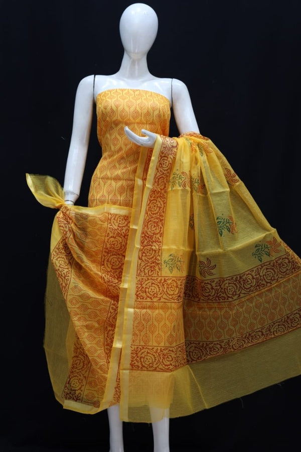 Kota Doria Block Printed Salwar Suit | Bright Yellow | - Leheriya