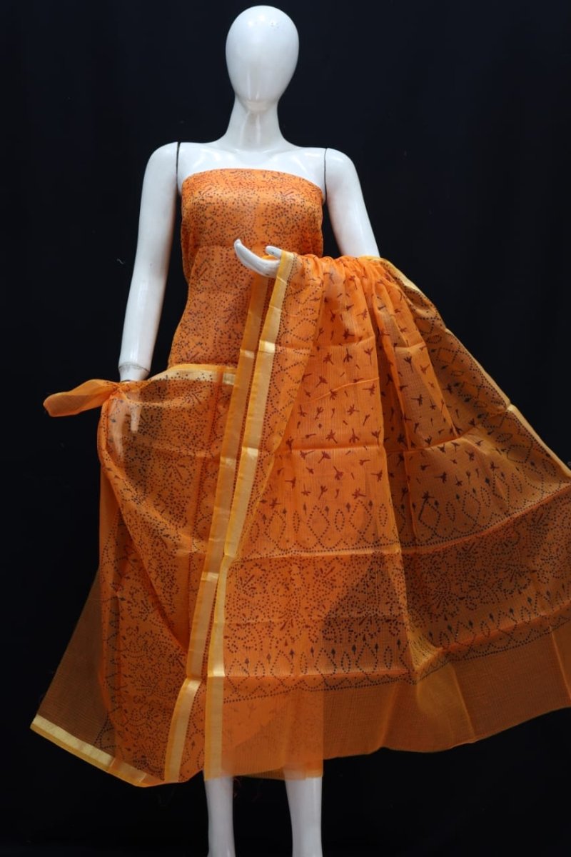 Kota Doria Block Printed Salwar Suit | Carrot-Orange | - Leheriya