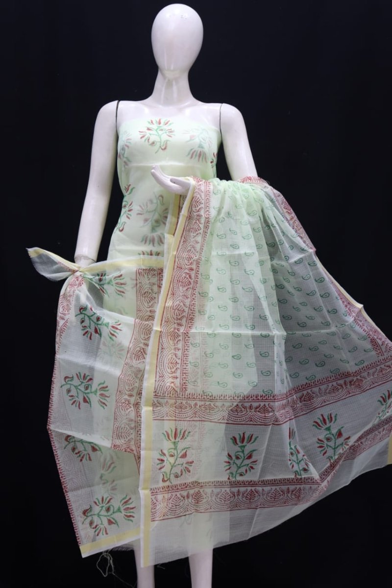 Kota Doria Block Printed Salwar Suit | Cool Green | - Leheriya