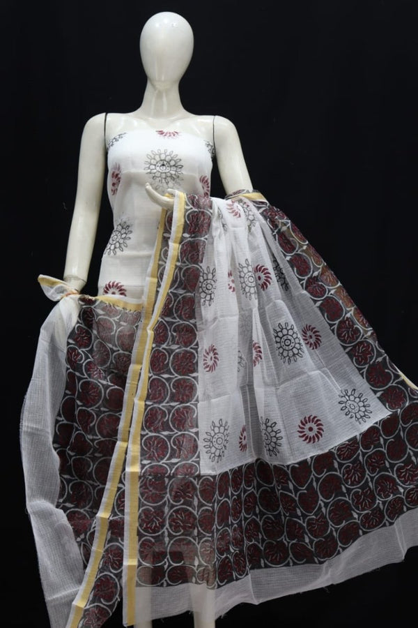 Kota Doria Block Printed Salwar Suit | French white | - Leheriya