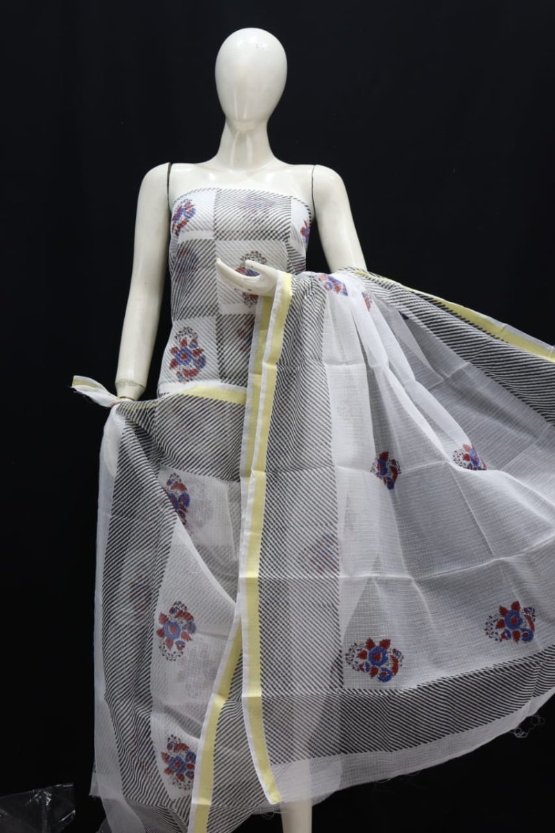 Kota Doria Block Printed Salwar Suit | Grey & White | - Leheriya