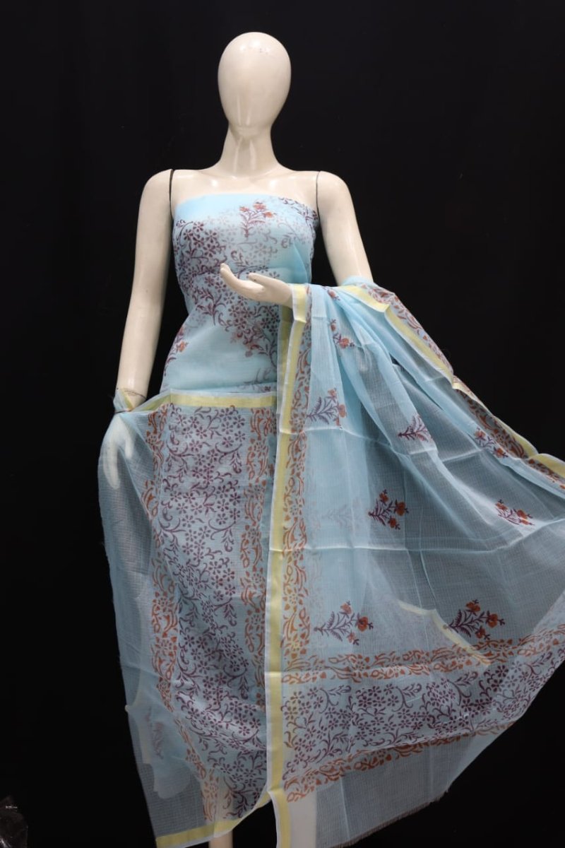 Kota Doria Block Printed Salwar Suit | Light Blue | - Leheriya