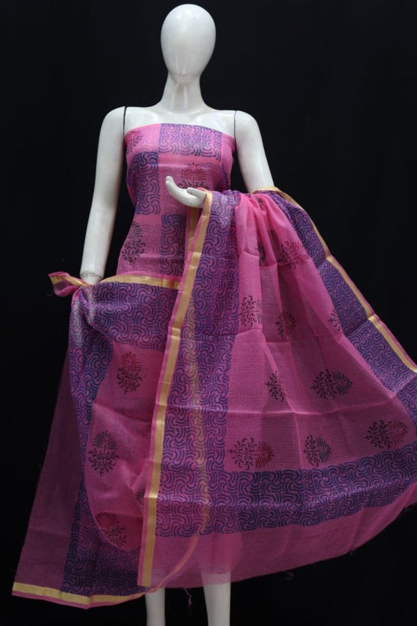 Kota Doria Block Printed Salwar Suit | Purple on Pink | - Leheriya