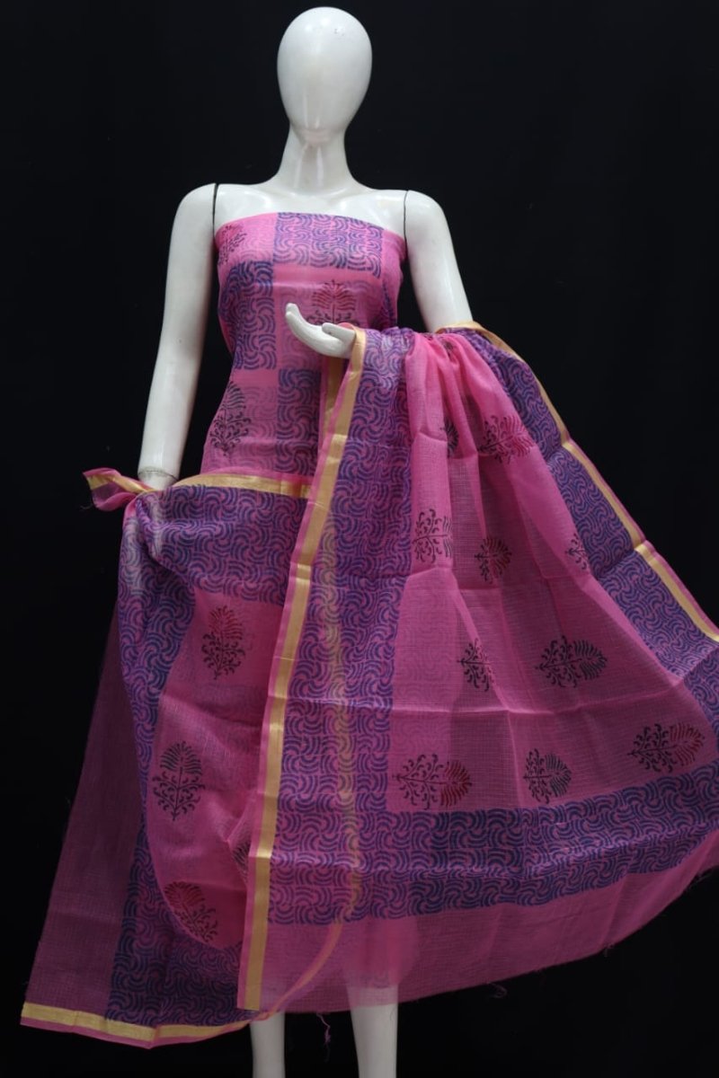 Kota Doria Block Printed Salwar Suit | Purple on Pink | - Leheriya