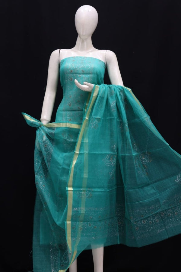 Kota Doria Block Printed Salwar Suit | Sea Green | - Leheriya