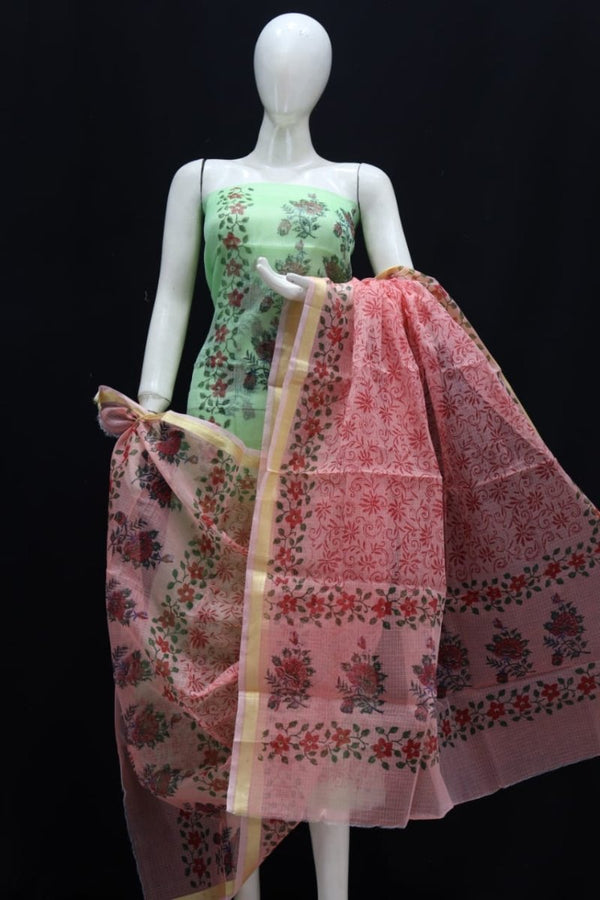 Kota Doria Block Printed Salwar Suit | Slate Green | - Leheriya