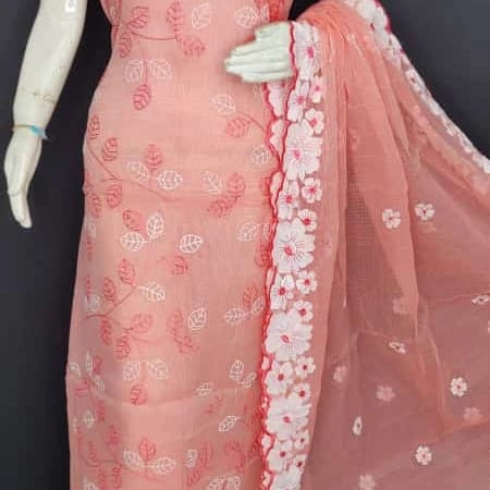 Kota Doria Cotton 3 pc Salwar Suit - Embroidery - Leheriya