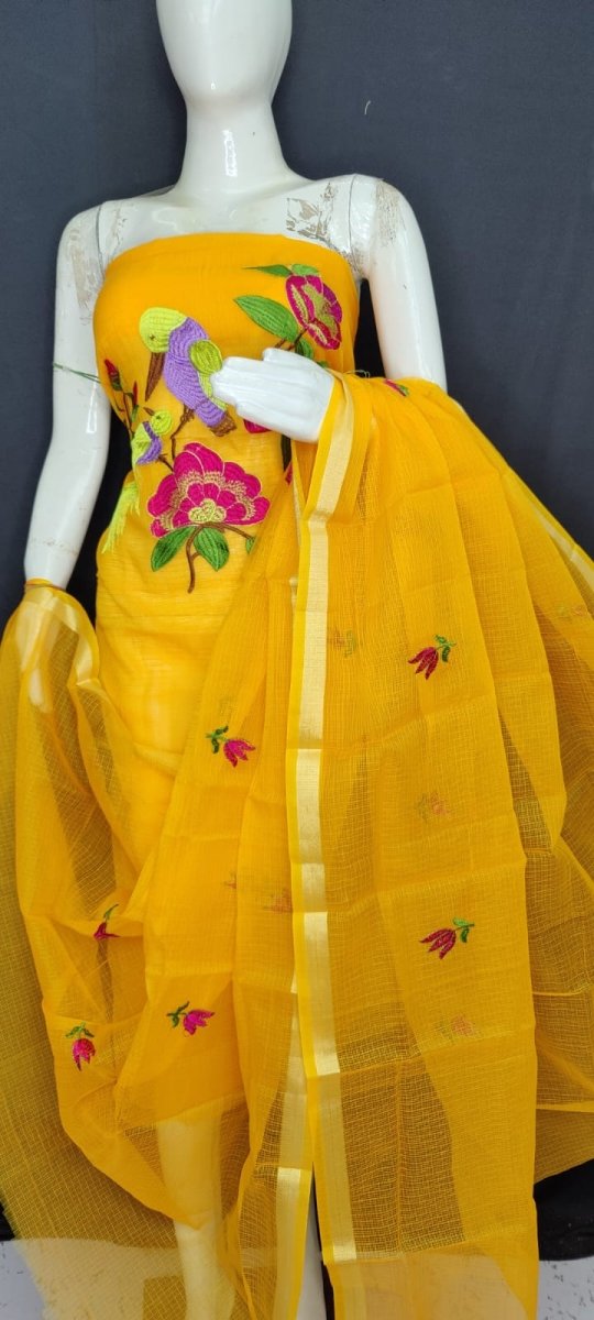 Kota Doria Cotton 3 pc Salwar Suit - Embroidery - Leheriya