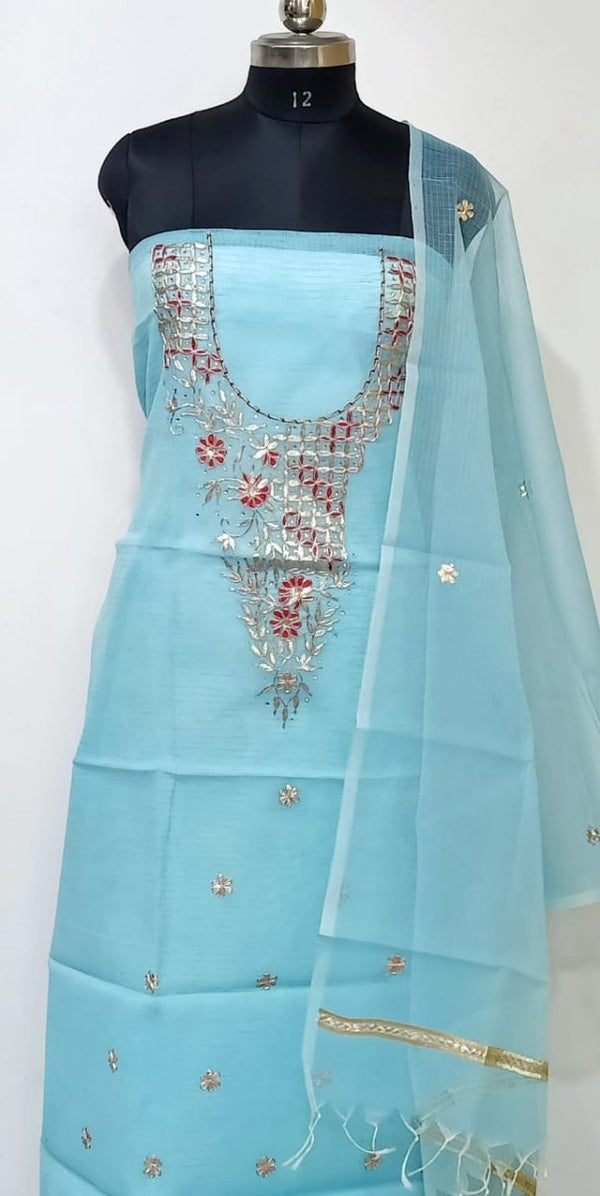 Kota Doria Cotton 3 pc Salwar Suit - Gota Patti - Leheriya