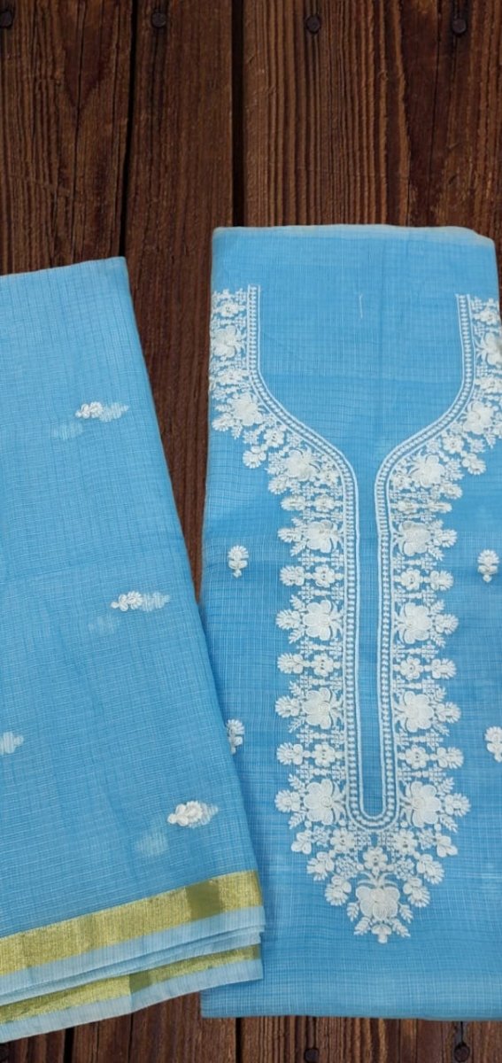 Kota Doria Cotton Embroidery Salwar Suit | Blue | - Leheriya