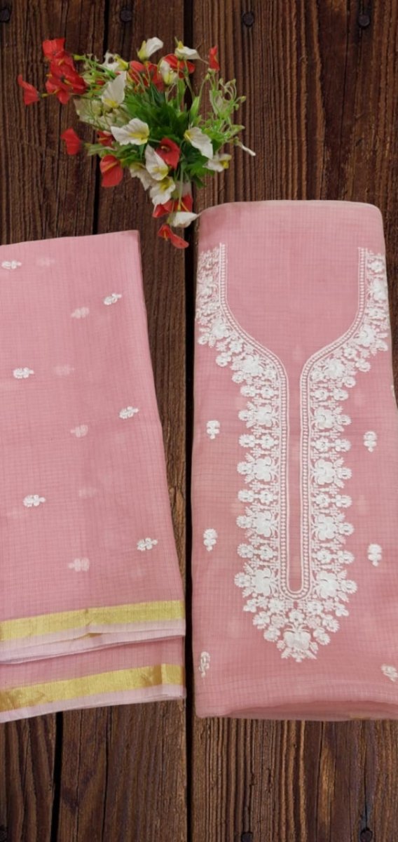 Kota Doria Cotton Embroidery Salwar Suit | Dusty Pink | - Leheriya