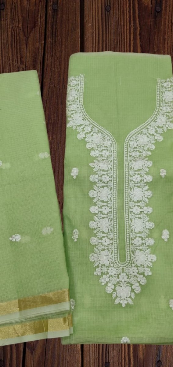 Kota Doria Cotton Embroidery Salwar Suit | Green | - Leheriya