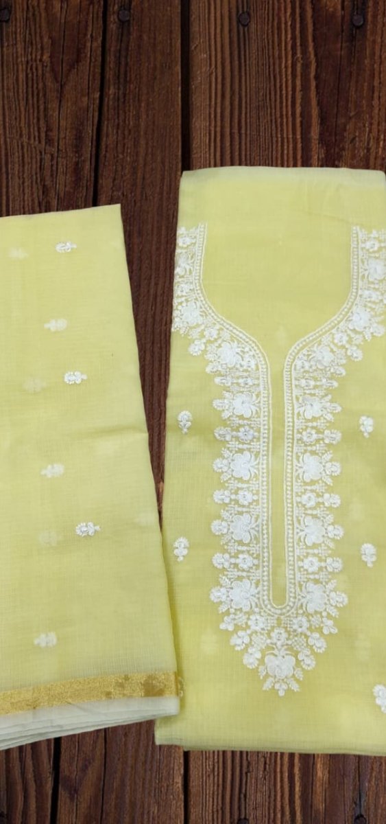 Kota Doria Cotton Embroidery Salwar Suit | Greenish Beige | - Leheriya