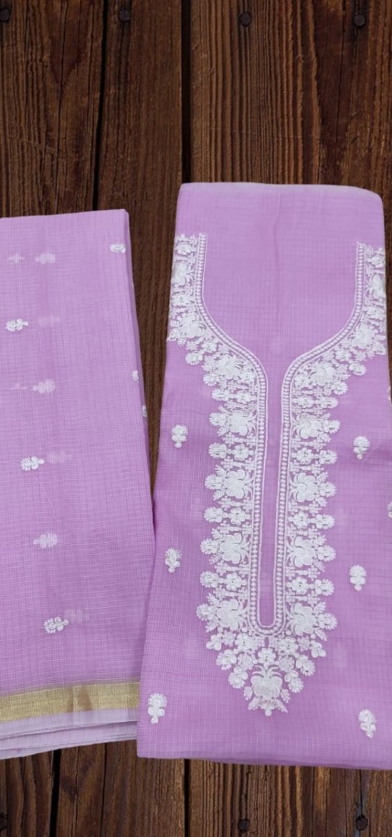 Kota Doria Cotton Embroidery Salwar Suit | Pastel Purple | - Leheriya