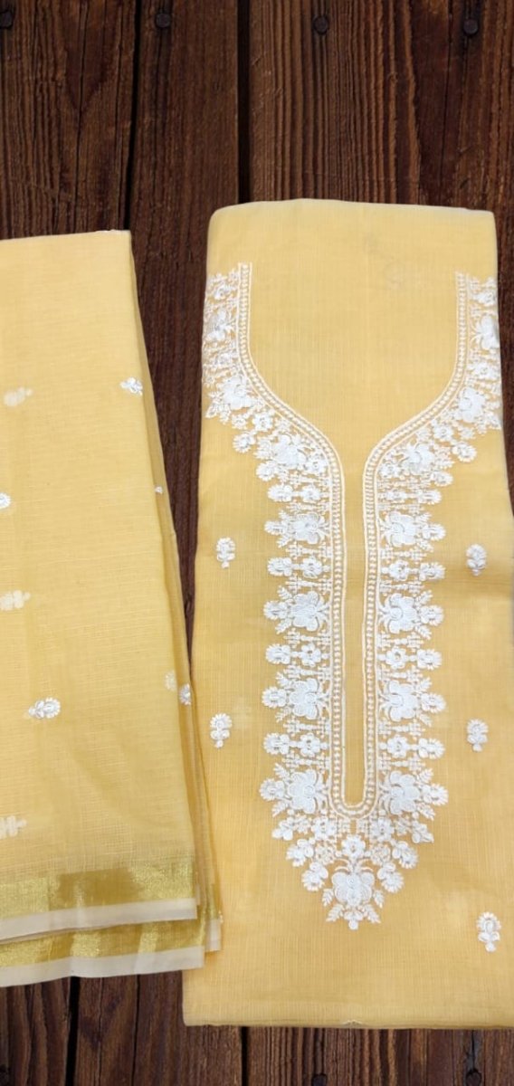 Kota Doria Cotton Embroidery Salwar Suit | Yellow | - Leheriya