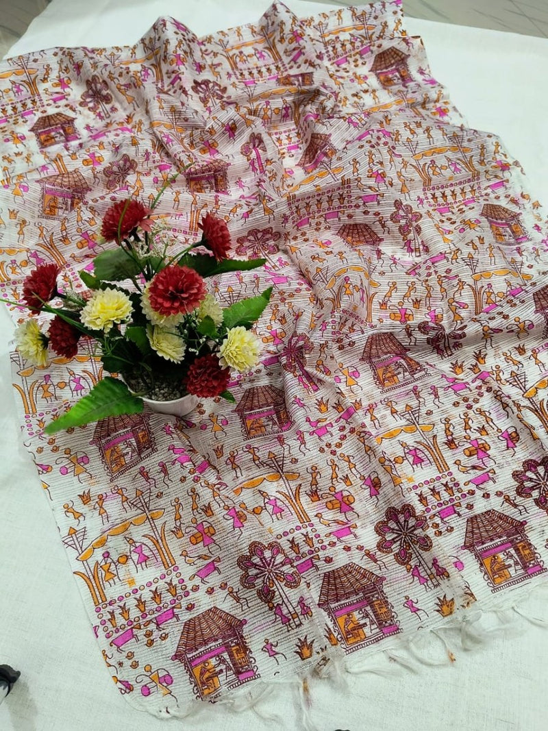 Kota Doria Cotton Madhubani Screen Printed Dupatta - Leheriya