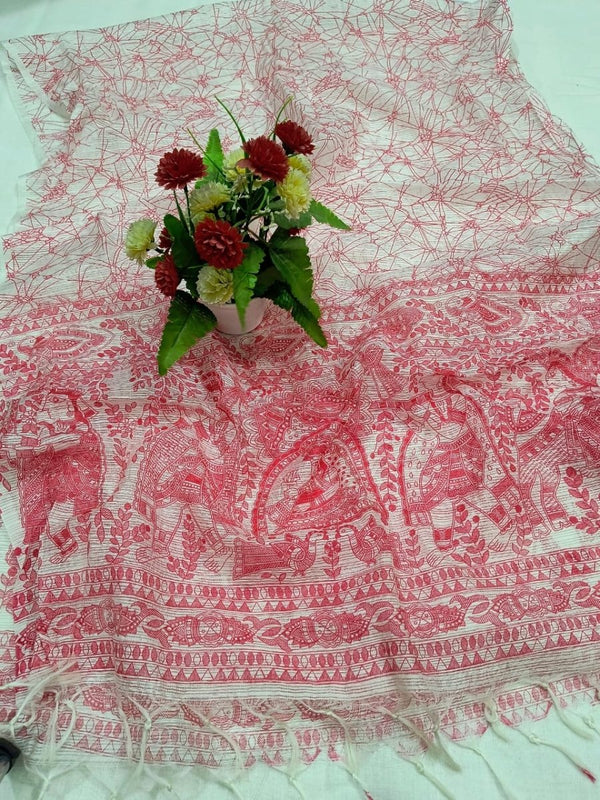 Kota Doria Cotton Madhubani Screen Printed Dupatta - Leheriya