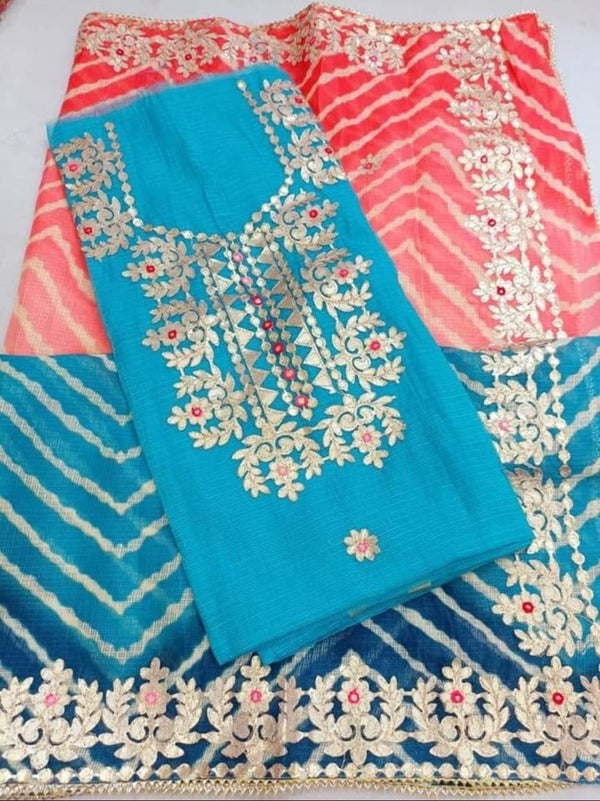 Kota Doria Cotton Unstitched Salwar Suit | Blue | - Leheriya