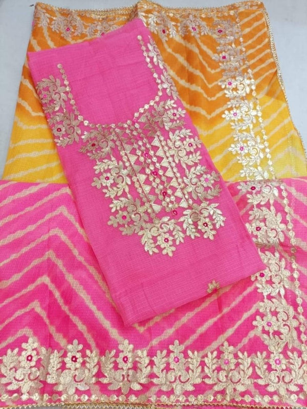 Kota Doria Cotton Unstitched Salwar Suit | Pink | - Leheriya