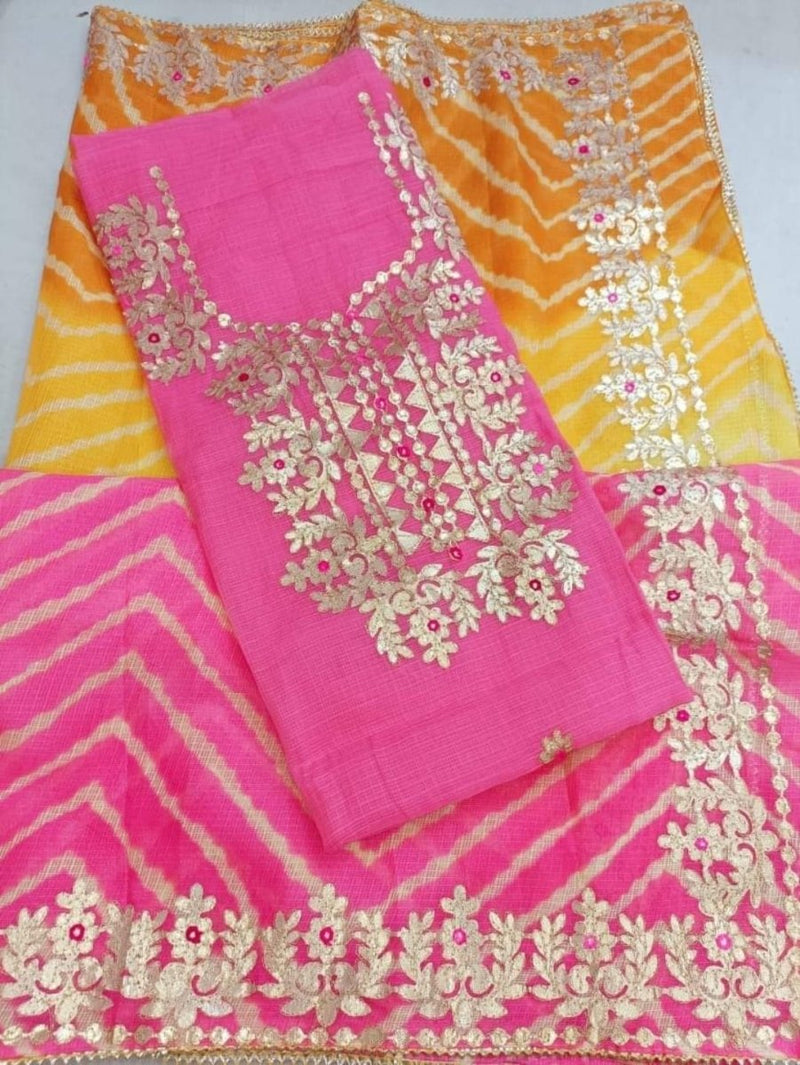 Kota Doria Cotton Unstitched Salwar Suit | Pink | - Leheriya