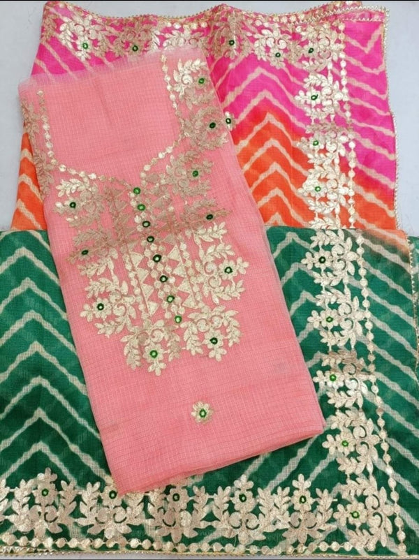 Kota Doria Cotton Unstitched Salwar Suit | Soft Pink | - Leheriya